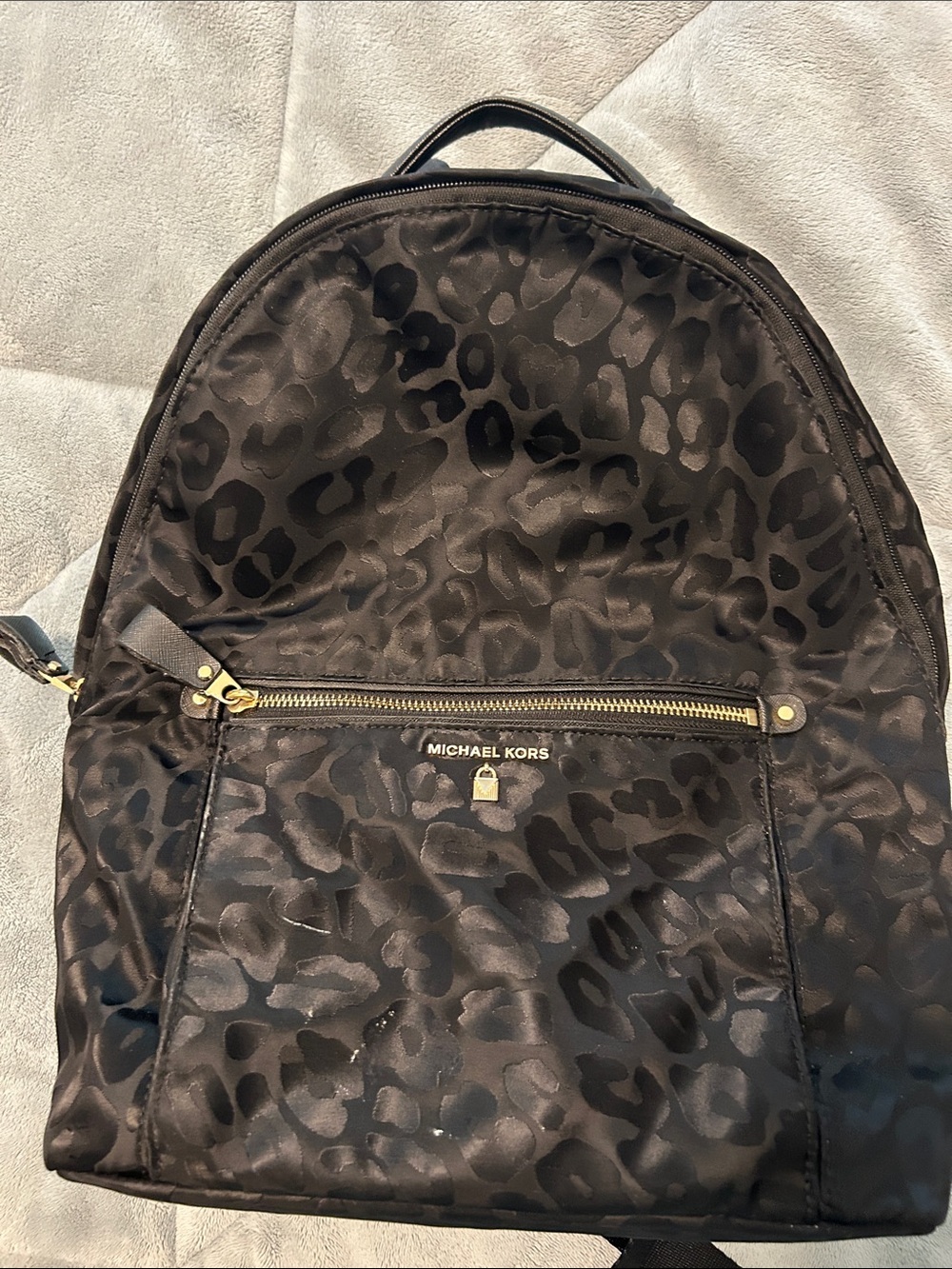 Michael Kors Black Leopard-Print Nylon Backpack with Gold Hardware WELL-LOVED
